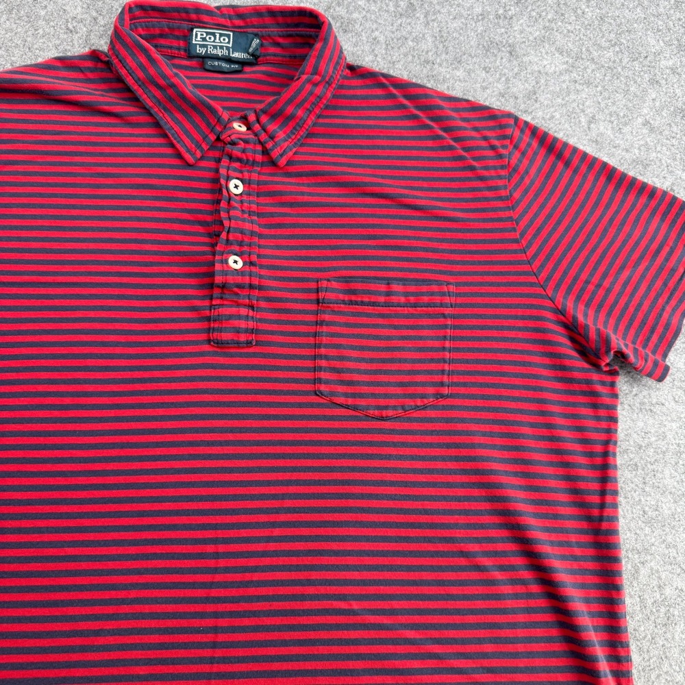 Polo Ralph Lauren Mens Custom Fit Striped Pocket Polo Shirt Red Navy Blue Large - Picture 2 of 7